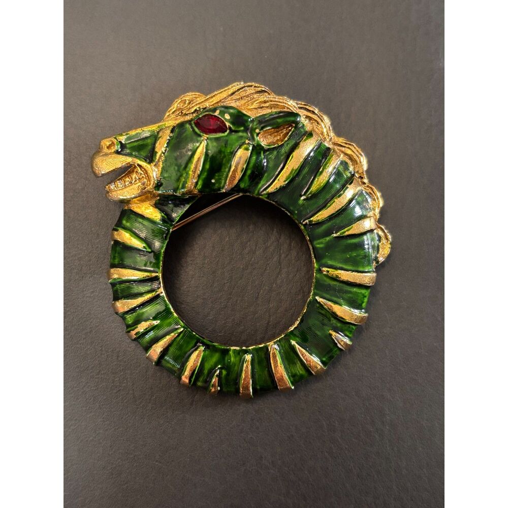 VTG Richelieu Green Enamel Zebra Brooch Pin 1960s Red Eye Gold Tone